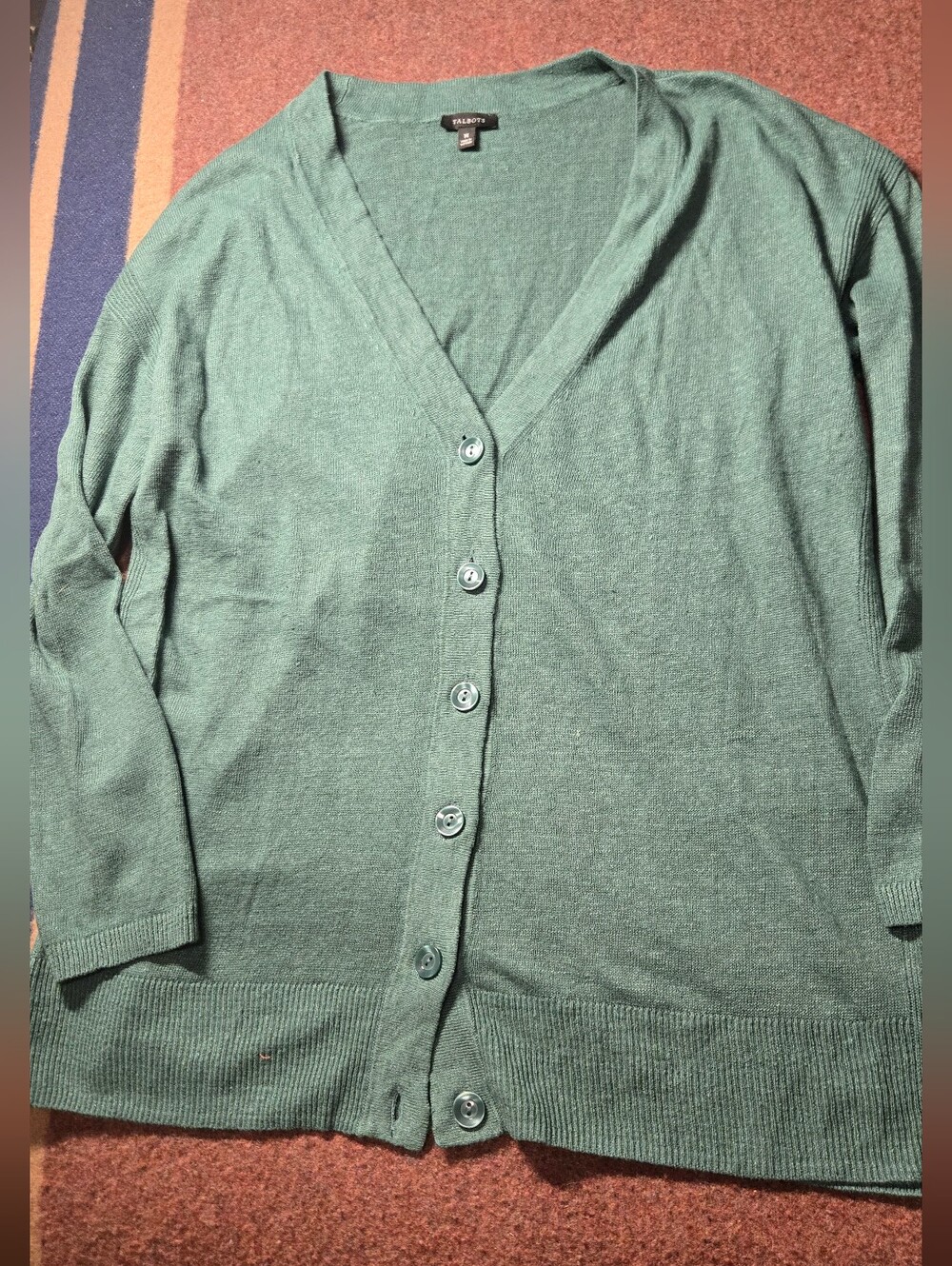Talbots Linen Teal-Green V-Neck Button Cardigan Size Medium